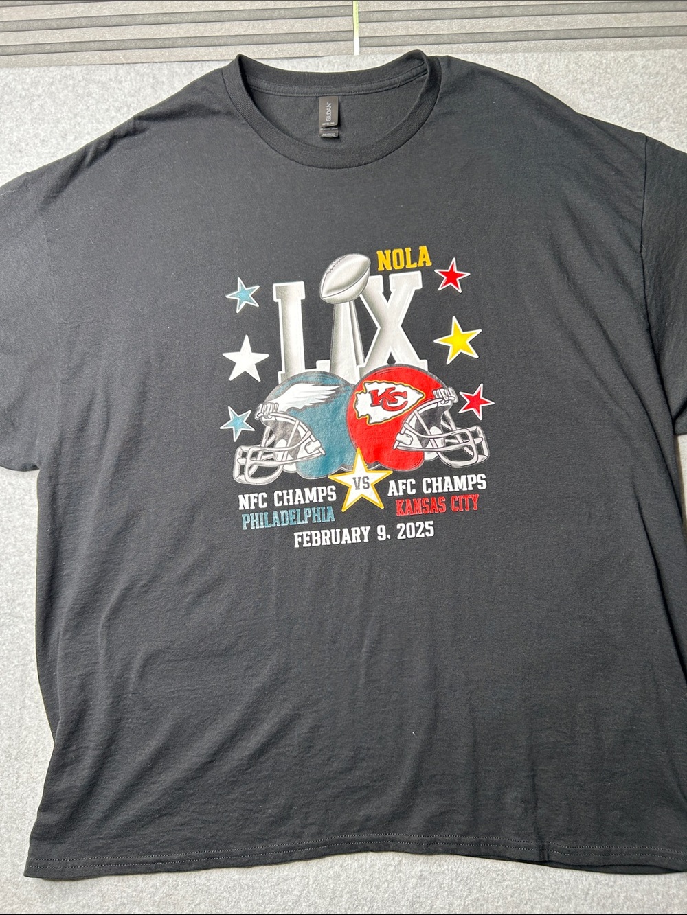 Gildan Black Crewneck T-Shirt with 2/9/25 Super Bowl Teams